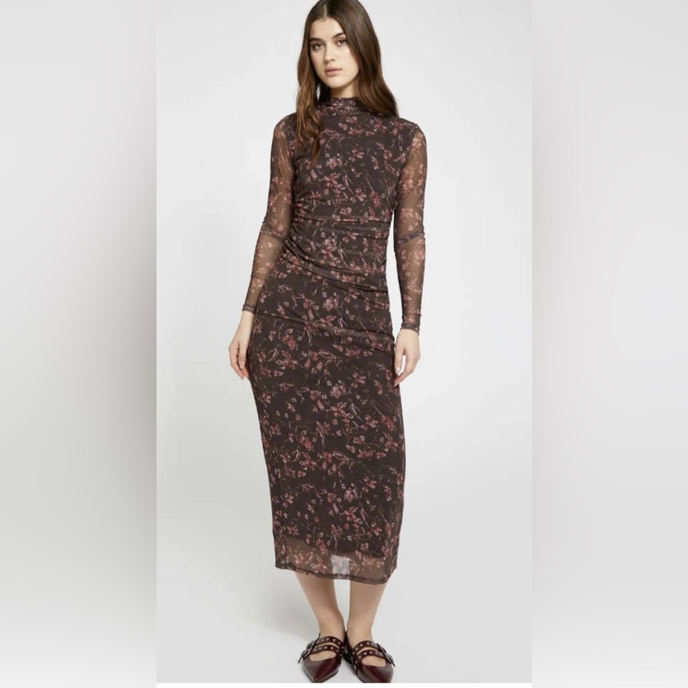 Savior Ruched Black Bodycon Dress with Sheer Floral Overlay